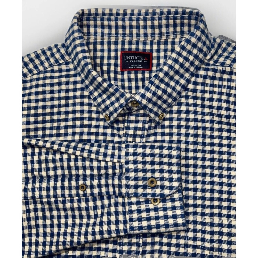Untuckit Large Blue Beige Check L/S Button Up "Cerasuolo"Flannel Shirt Sz 2XL EC - Picture 2 of 8